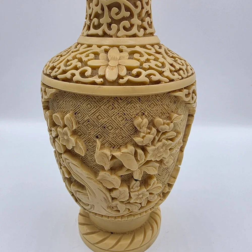 Vintage Carved Resin Floral Vase Asian Beige Signed 7.5